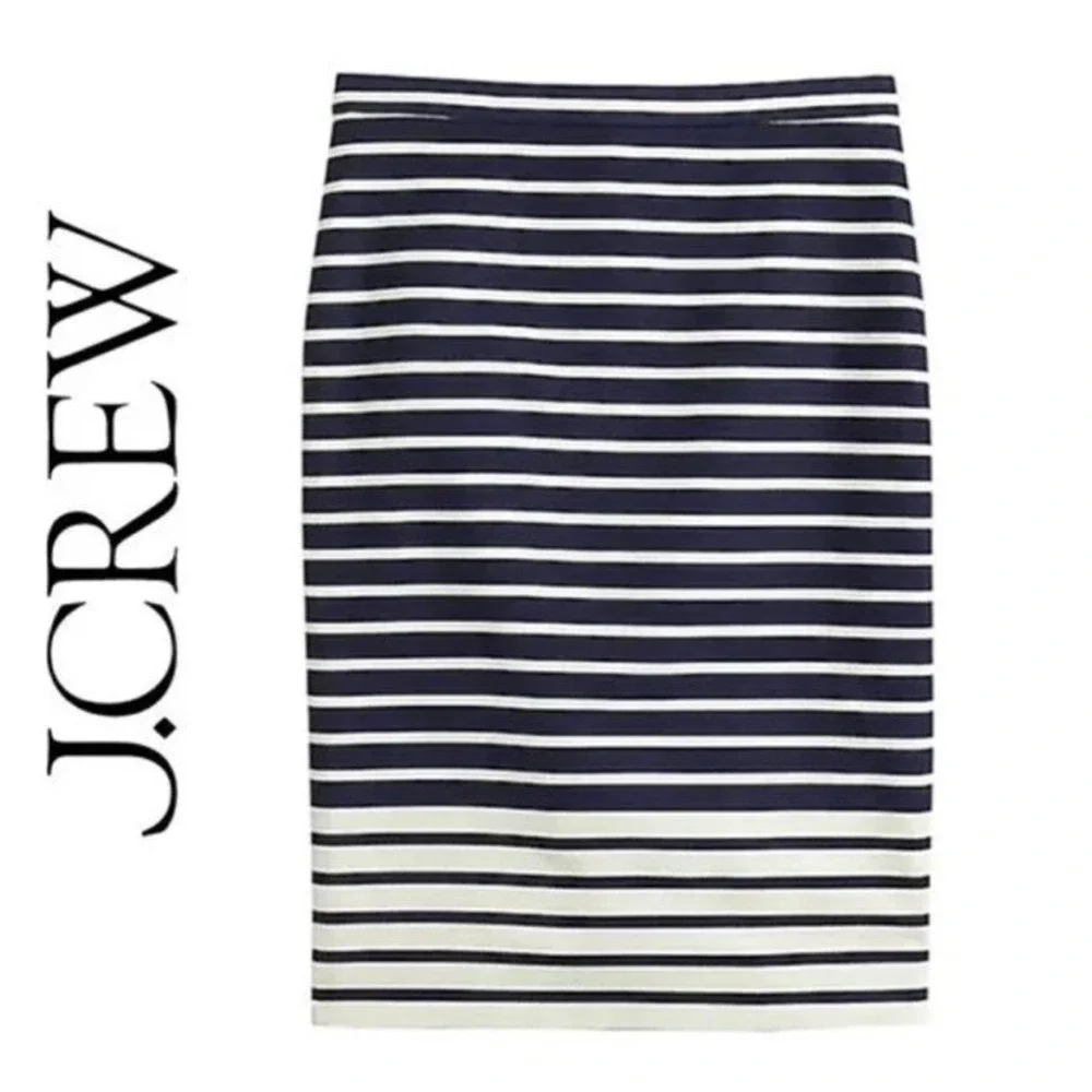 J.Crew Navy White Striped Cotton Pique Pencil Skirt A1843 Womens 0 Nautical